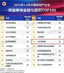 九巨龍位列中指院2023年1-6月全國房企拿地TOP100排行榜第74位